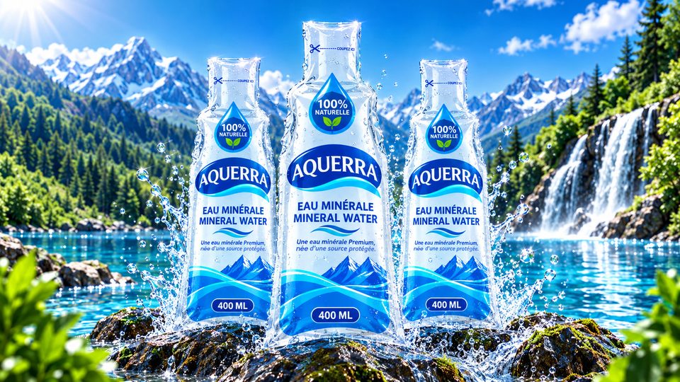Trois sachets souples d’eau minérale AQUERRA 400 ML posés sur un rocher, au bord d’un lac de montagne